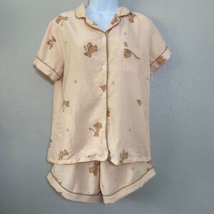 Pink Bear Kawaii Cute Coquette Feminine Slumber Party Pajama Set with Shorts L